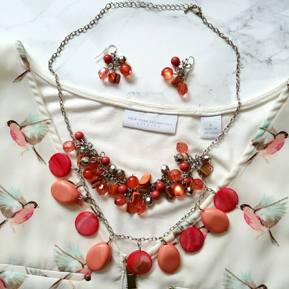 2 Tier Salmon Beaded Charm Necklace Earrings Set